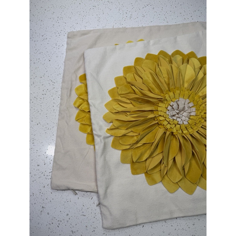 Yellow Beige Floral Embroidered Cotton Euro Pillow Shams Set of 2, Square 17x17"